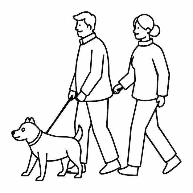 een tekening van een man en een vrouw die een hond lopen