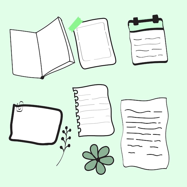 een tekening van een notitieboek met notitiepapieren en een bloem