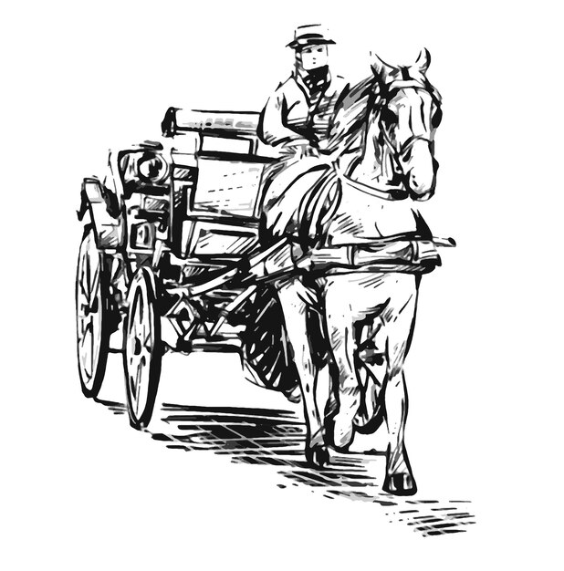 Een tekening van een paard en wagen met een man in de rug
