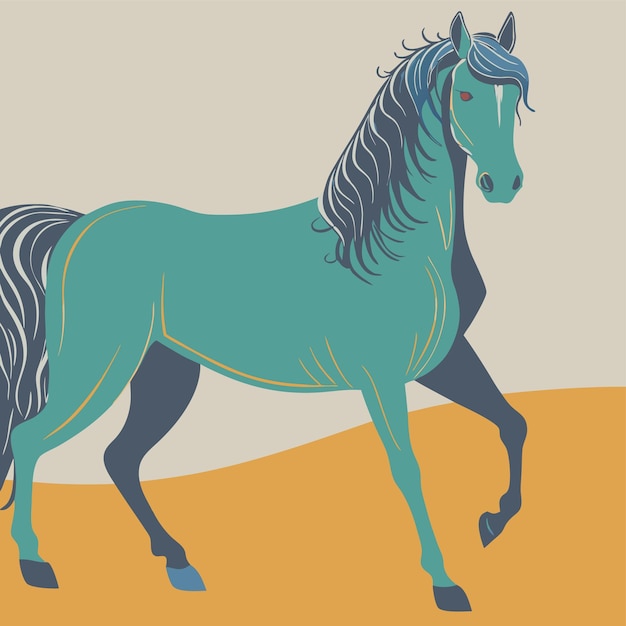 een tekening van een paard met een blauwe en groene manen