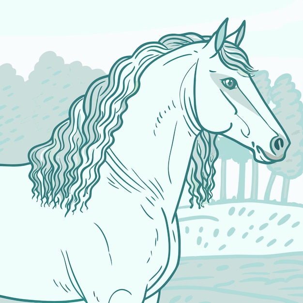 een tekening van een paard met een lange manen