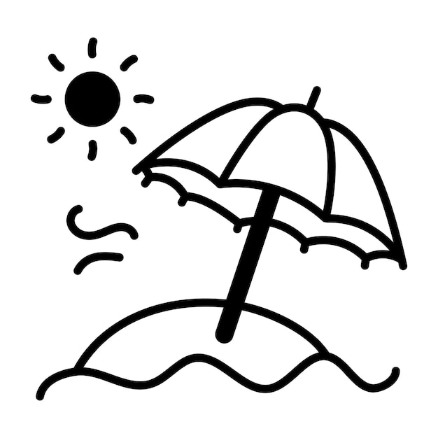 Een tekening van een paraplu op een strand.