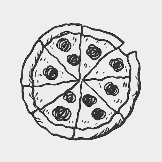een tekening van een pizza met een stukje ontbreekt