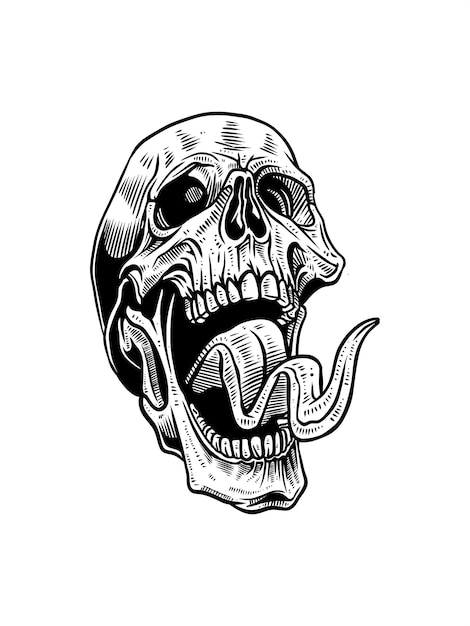 Vector een tekening van een schedel met een tong die eruit steekt