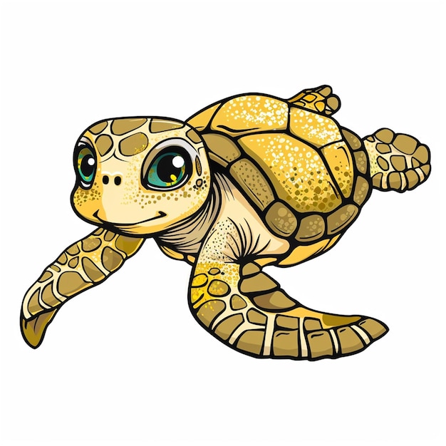 een tekening van een schildpad met een groen oog en gele ogen