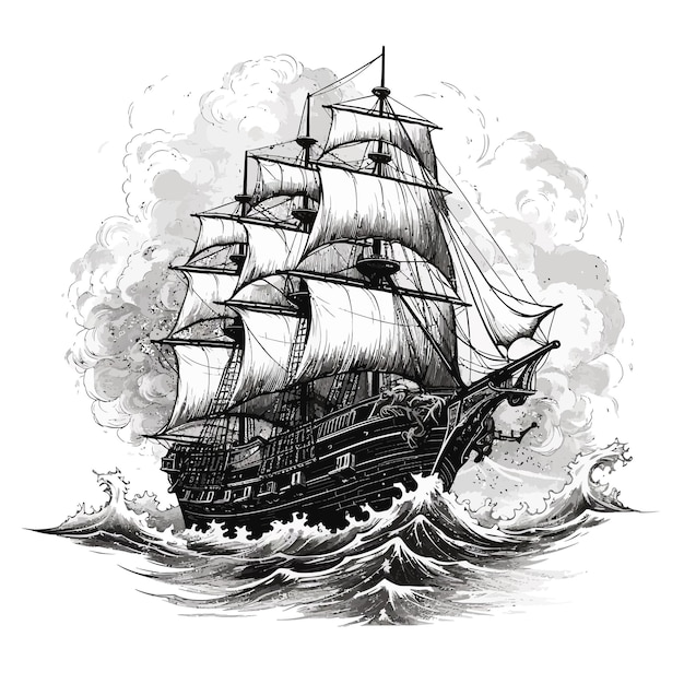 Een tekening van een schip met een zeil op de bodem