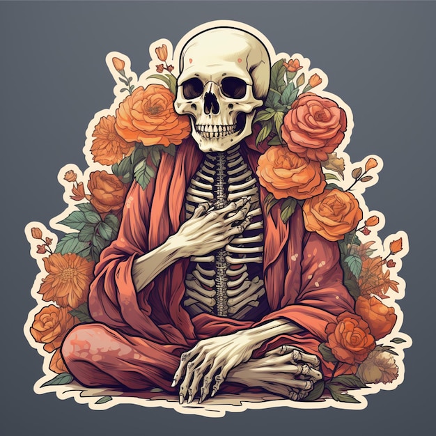 Vector een tekening van een skelet zittend op een tafel met rozen en rozen.