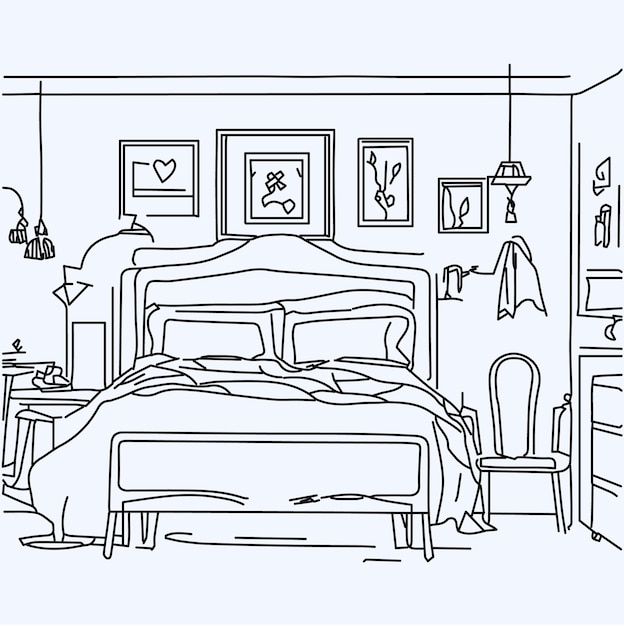 Een tekening van een slaapkamer met een bed en een dressoir met foto's erop.