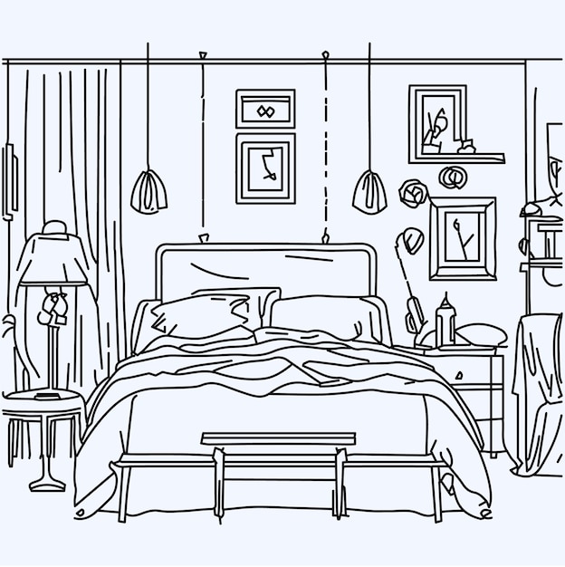 Een tekening van een slaapkamer met een bed en een lamp aan de muur.