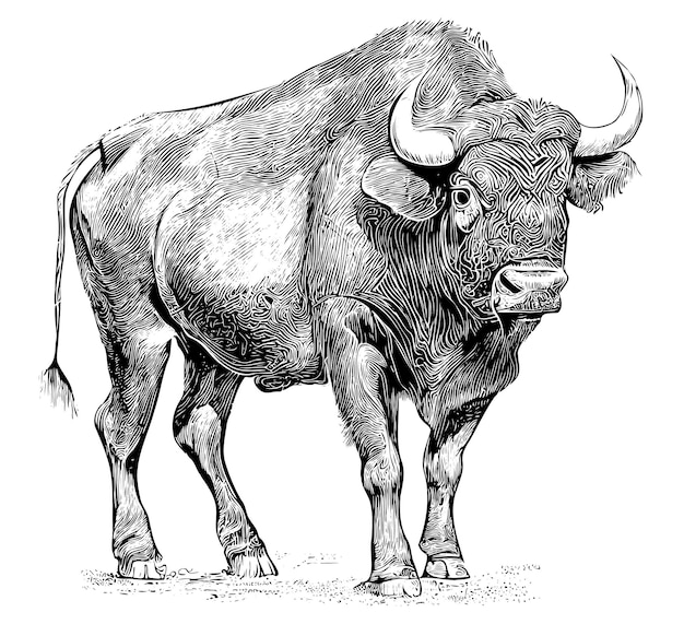 Een tekening van een stier met een zwart-witte achtergrond.