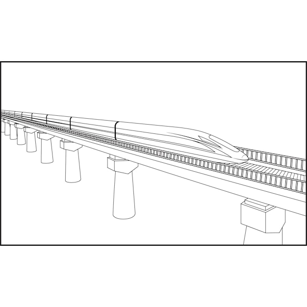 Vector een tekening van een trein die over een brug rijdt.