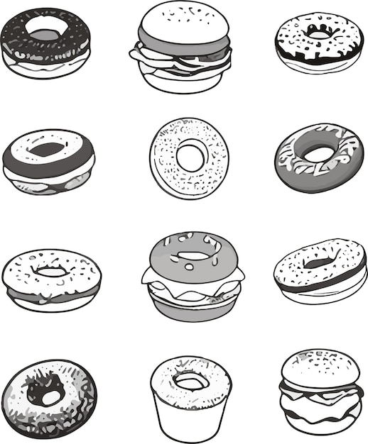 Een tekening van een verscheidenheid aan donuts, waaronder een bagel, een donut en een bagel.
