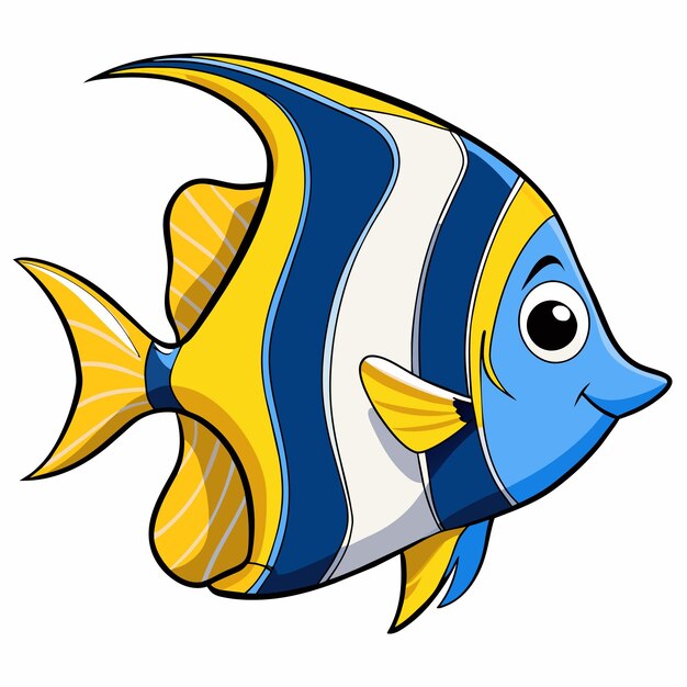 Vector een tekening van een vis met een blauw en geel gezicht en een witte achtergrond