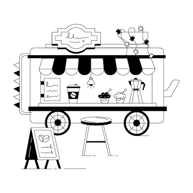 Vector een tekening van een voedselkar met een bord dat ijs zegt