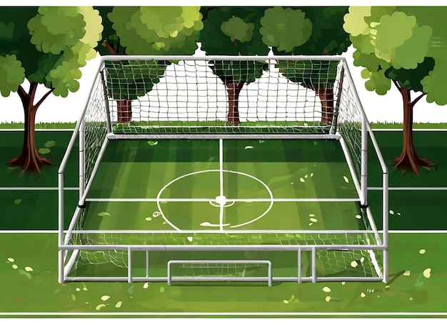 Vector een tekening van een voetbalveld met bomen en een net met een voetballand op de achtergrond