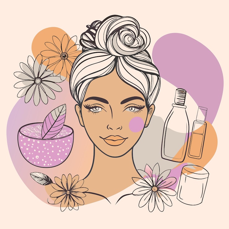 Vector een tekening van een vrouw met bloemen en een fles parfum