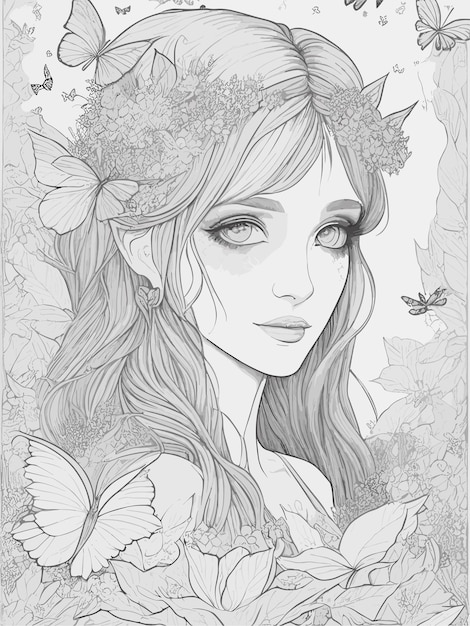 Een tekening van een vrouw met een krans van vlinders op haar hoofd.