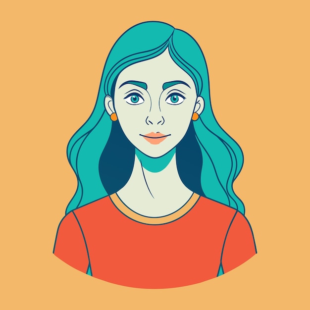een tekening van een vrouw met groen haar en een rood shirt met een blauw en oranje shirt