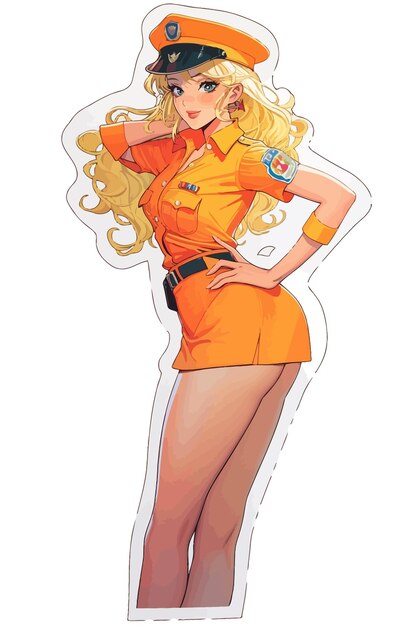 Vector een tekening van een vrouwelijk cartoon personage met een foto van een vrouw in een oranje uniform