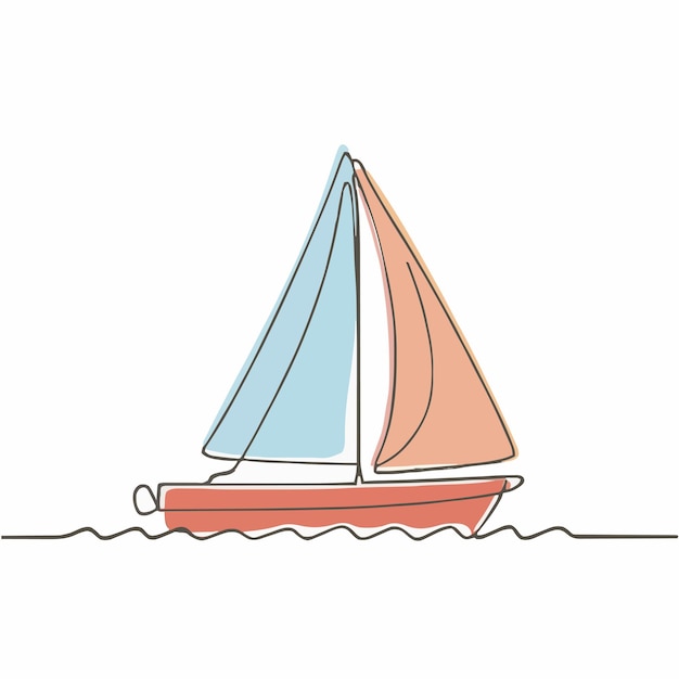 een tekening van een zeilboot met een rood zeil en een blauw en wit zeil