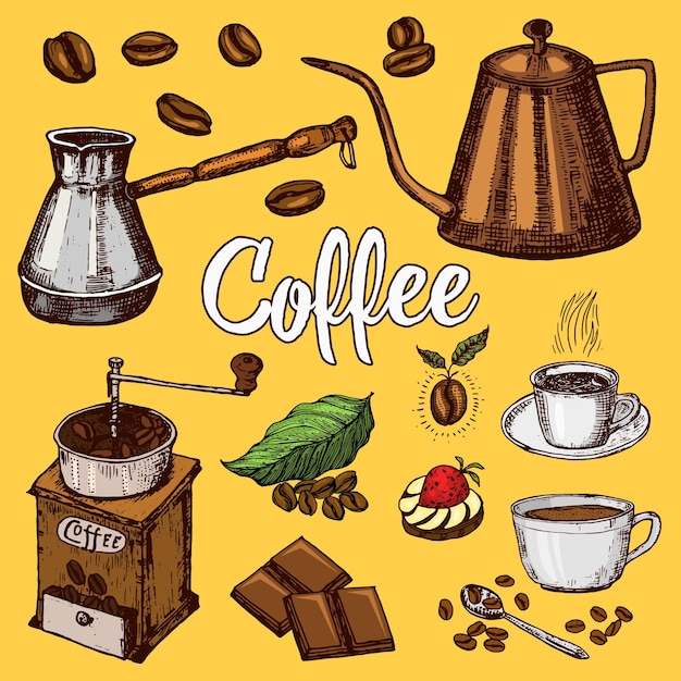 Een tekening van koffie en koffie op een gele achtergrond.
