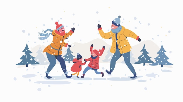 een tekening van mensen die in de sneeuw lopen met met sneeuw bedekte bomen op de achtergrond
