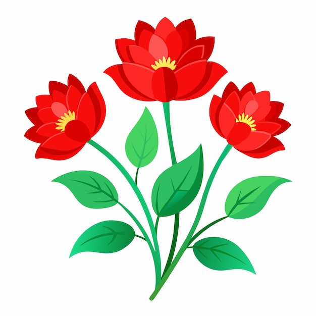 een tekening van rode bloemen met groene bladeren en een groen blad