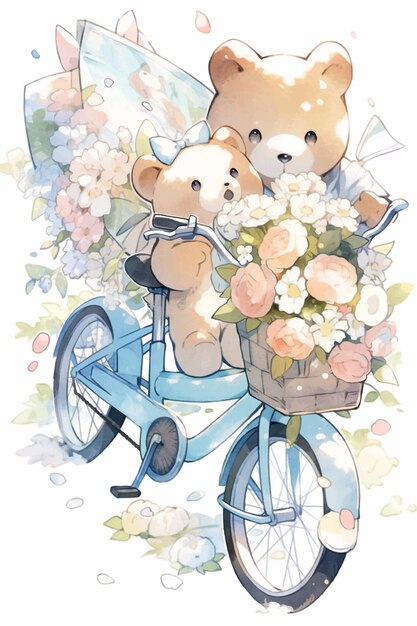 Vector een tekening van twee teddyberen op een fiets met een mand vol bloemen.