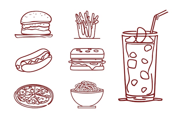 Een tekening van verschillende soorten voedsel, waaronder een hamburger, friet en een glas bier.