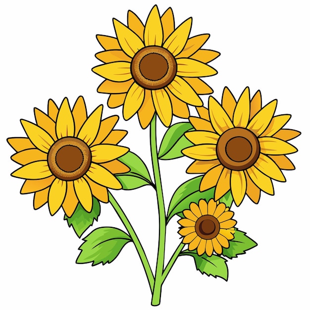 een tekening van zonnebloemen met een groene stengel