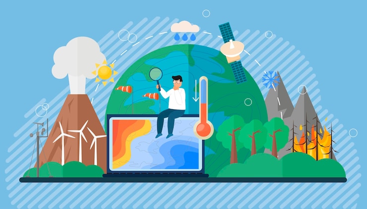 Vector een tiener bestudeert de wetenschap van het klimaat klimatologische veranderingen klimatologie wereldwijd zinkende bosbranden