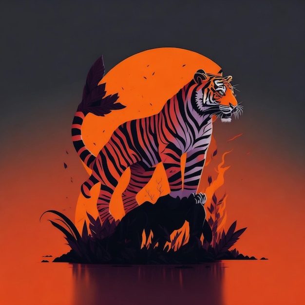 Een tijger staat op een rots met de zon erachter.