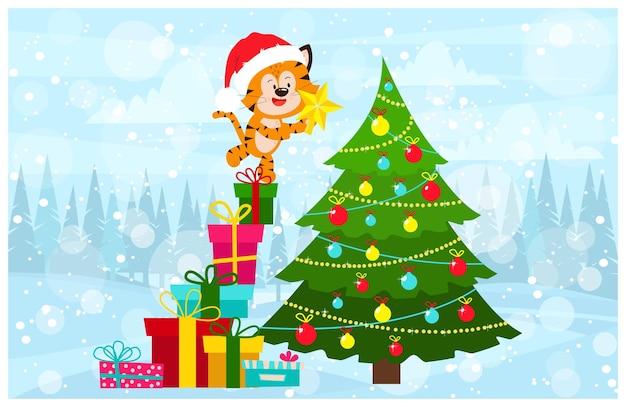 Een tijgerwelp versiert een kerstboom om het nieuwe jaar te vieren