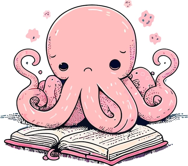 Een trieste octopus zit op een boek en leest een boek.