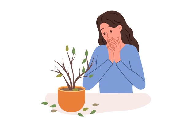 Een uitgedroogde kamerplant in een pot veroorzaakt stress bij een vrouw die geïnteresseerd is in plantkunde.
