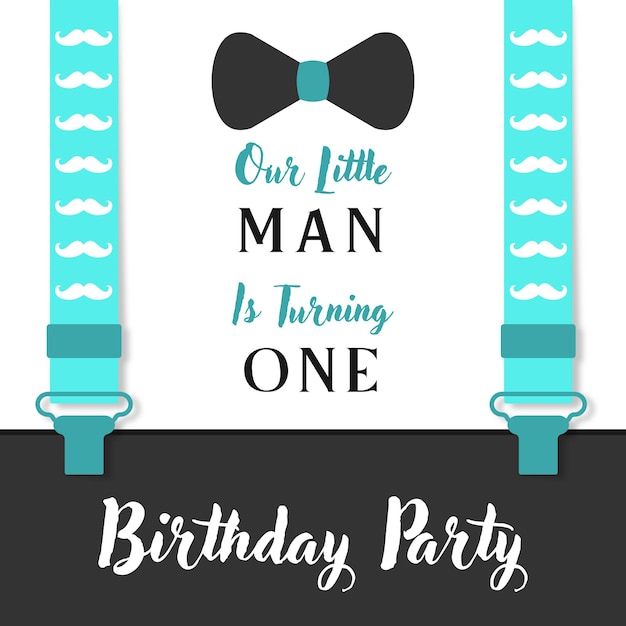 Vector een uitnodiging voor een verjaardagsfeestje waarop staat dat onze kleine man er één wordt.