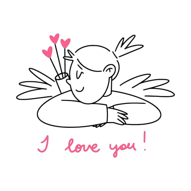 Vector een valentijnsillustratie van een schattig cupido-meisje met hartvormige pijlen en belettering ik hou van jou