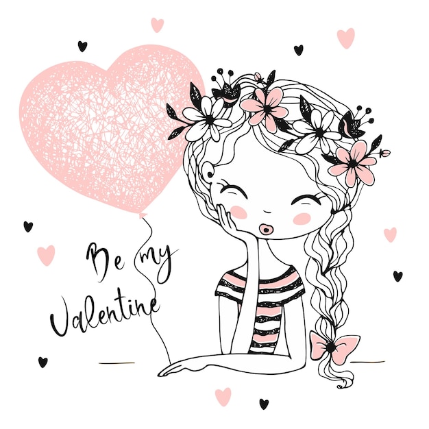 Een Valentijnskaart. Leuk meisje met een ballonhart. Wees mijn Valentijn. Vector.