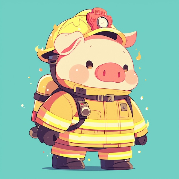 Een vastberaden varken brandweerman cartoon stijl