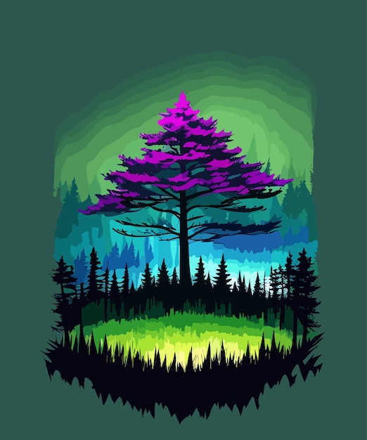 Een vector bos mysterieus landschap nacht bos maan sterrenhemel kunst illustratie ontwerp