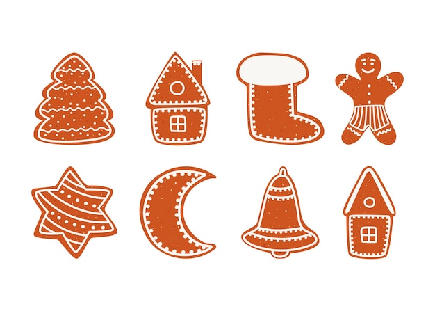 Een vector cartoon set peperkoek kerstkoekjes van verschillende vormen.