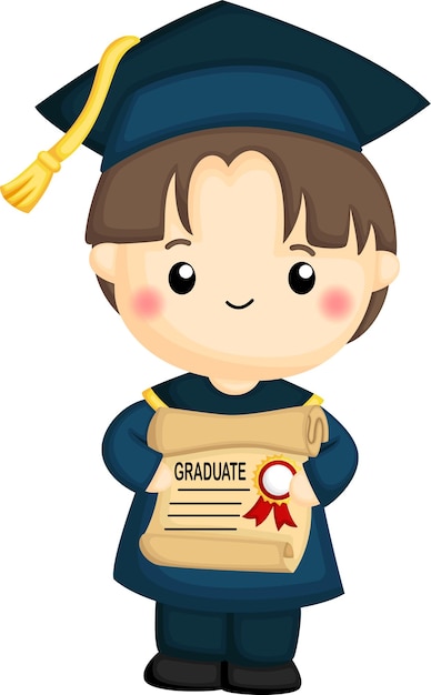 Een vector van een jongen die zijn diploma vasthoudt terwijl hij een toespraak houdt op een podium