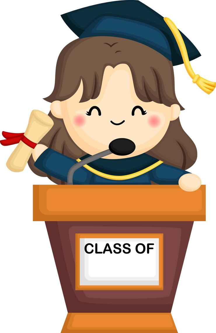 een vector van een meisje dat haar diploma vasthoudt terwijl ze een toespraak houdt op een podium