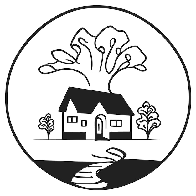 Een vector van een open deur in een bosrijk huis en een tekening van een huis met een boom aan de voorkant