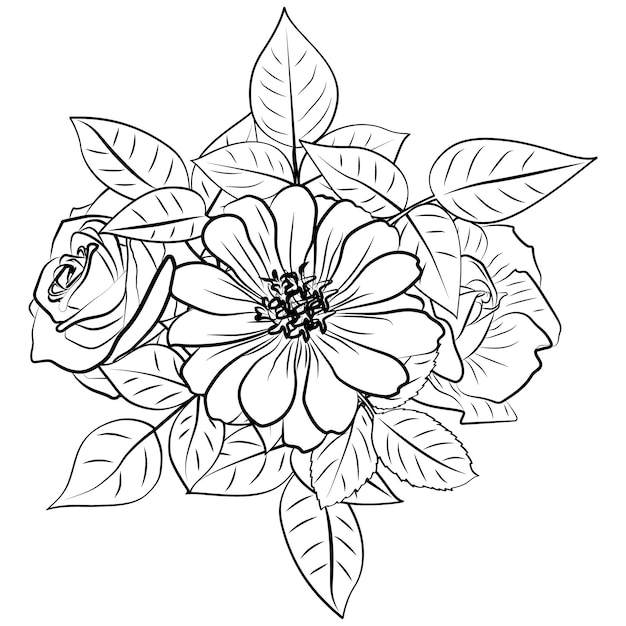 Een vector van schattige bloemen in zwart-witte kleuren