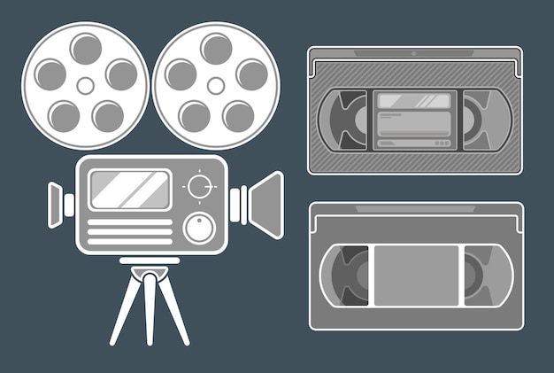 Een vectorillustratie van Film grijs pictogram ingesteld op donkere achtergrond