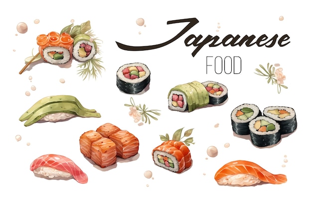 Een vectorillustratie van Japanse voedselkeuken Vectorillustratie aquarel Japanse voedsel