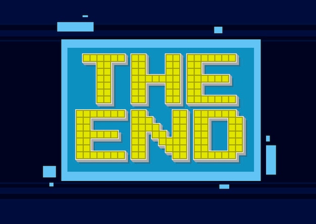 Een vectorillustratie van Pixel computerspel gele tekst het einde