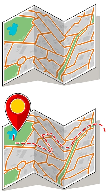 Een vectorillustratieset van een kaartboekje met een routepunt