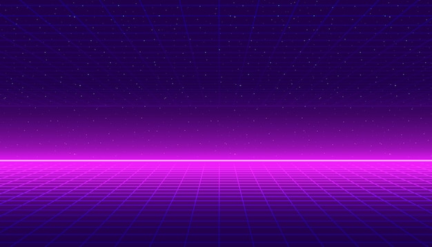 Een vectorrasterachtergrond uit de jaren 80 met een neonhorizon